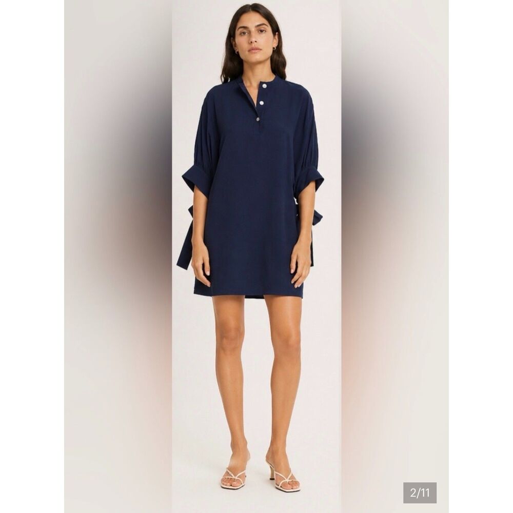 Club Monaco Navy Tie Sleeve Shirtdress Size 4 Viscose Popover Shift Mini Dress